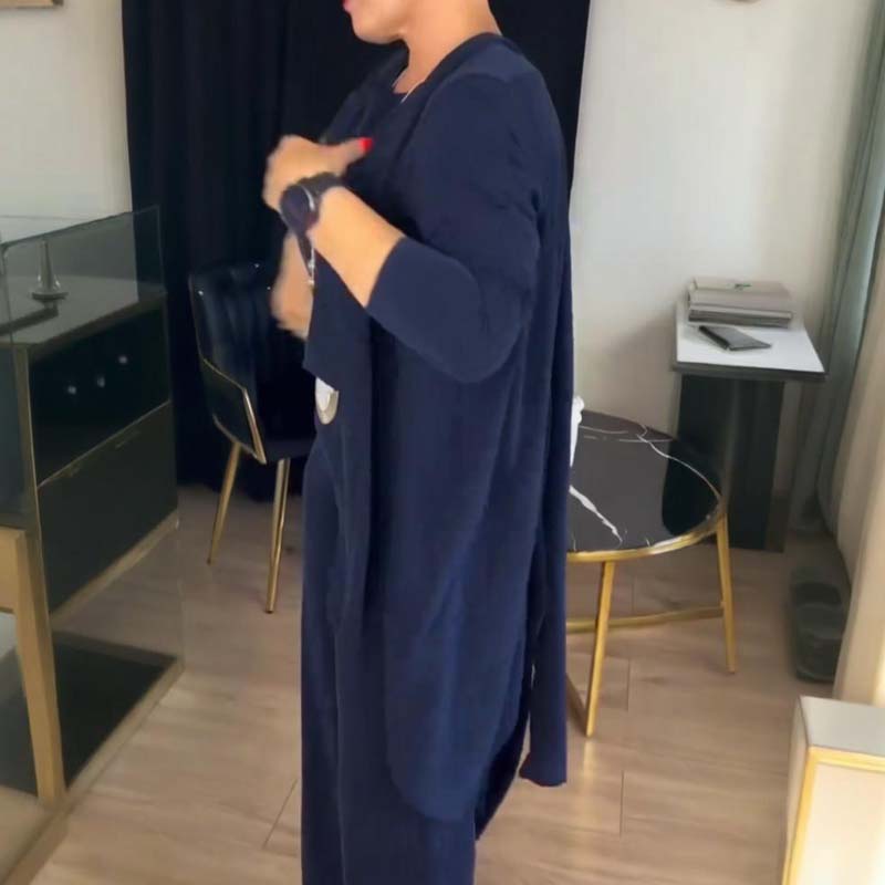 EB | Stylisches 3-Teilige Set Bestehend Aus Einem Langen Cardigan, Top und Hose