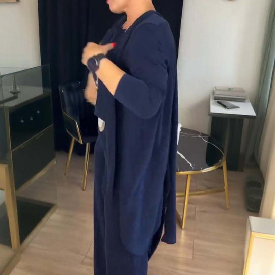 EB | Stylisches 3-Teilige Set Bestehend Aus Einem Langen Cardigan, Top und Hose