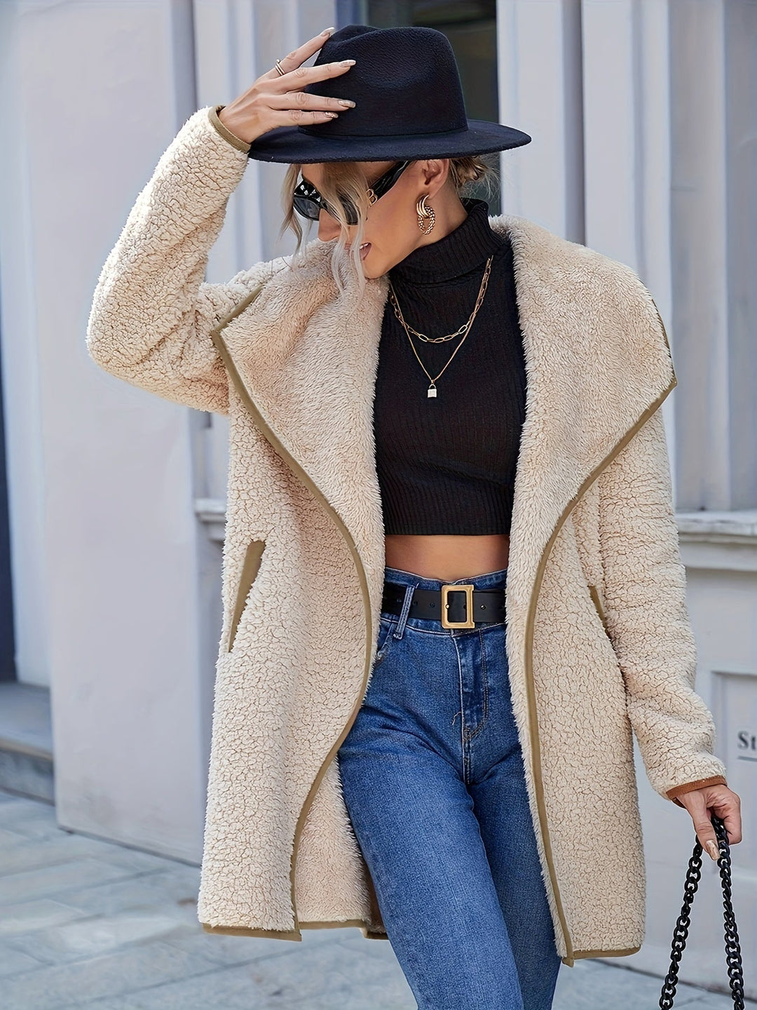 EB | Lässige Teddyjacke mit Offener Kragen Polyester Komfort und Stil