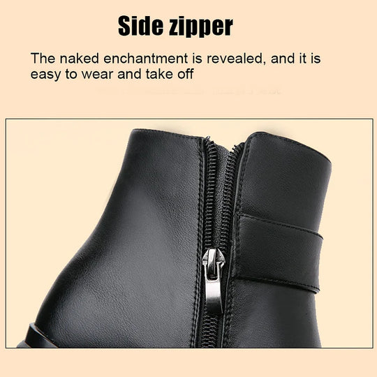 EB | Damen Echtes Leder Metall Schnalle Samt Stiefel