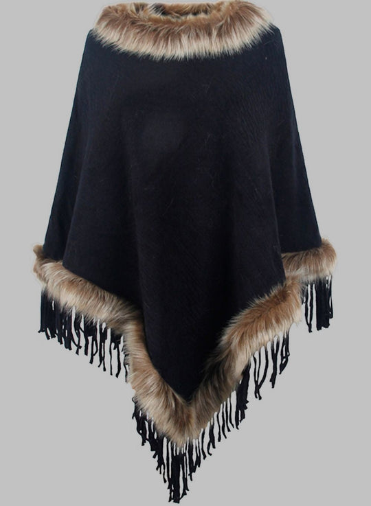 EB | Elegante Damen Poncho mit Pelzkragen und Fransen