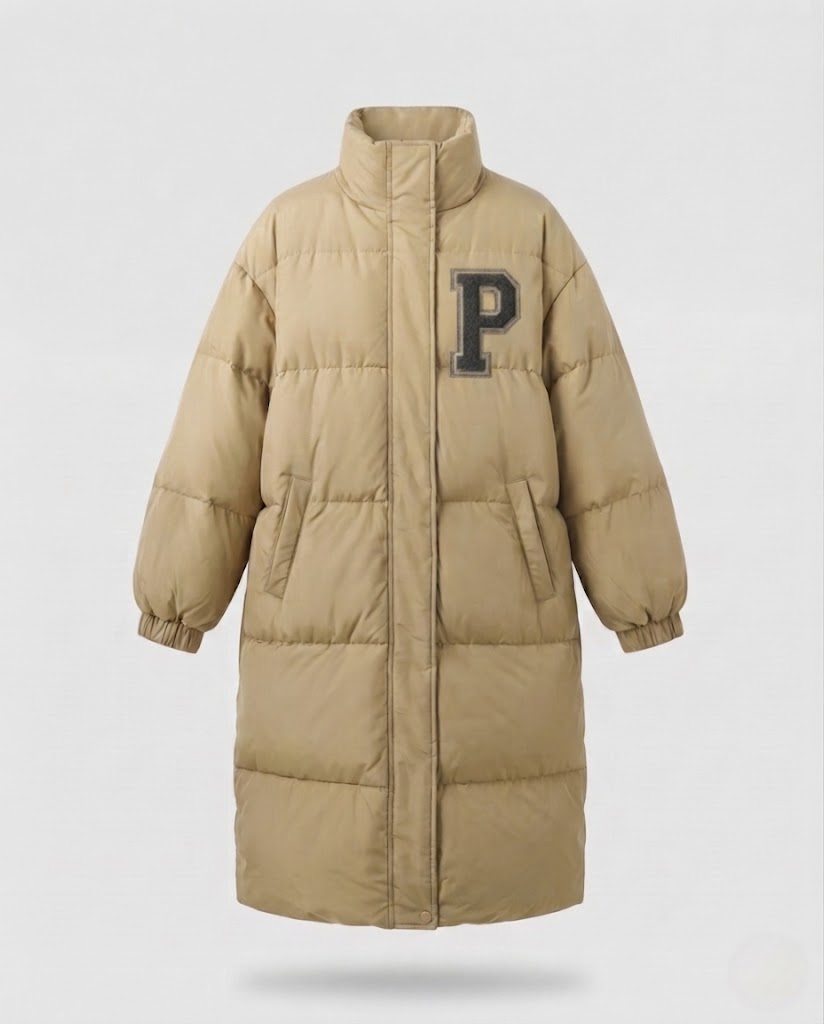 Damen nan langer boxiger Thermo-Puffer mit hohem Stehkragen, College-Patch und geräuscharmer Außenhülle EB