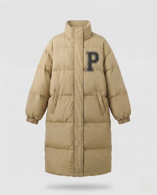 Damen nan langer boxiger Thermo-Puffer mit hohem Stehkragen, College-Patch und geräuscharmer Außenhülle EB