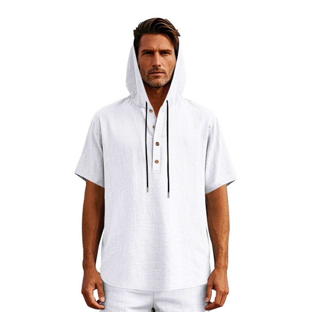 EB | Leinen-Knopf-Strand-Kapuzen-Henley-Shirt