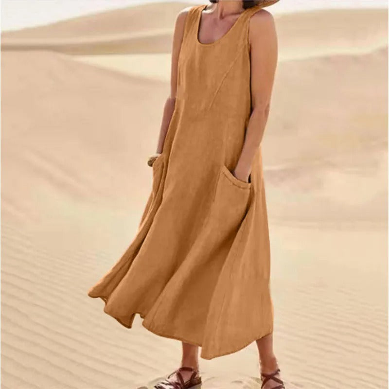 EB - Leinen-Baumwoll-Ärmelloses Kleid für Frauen