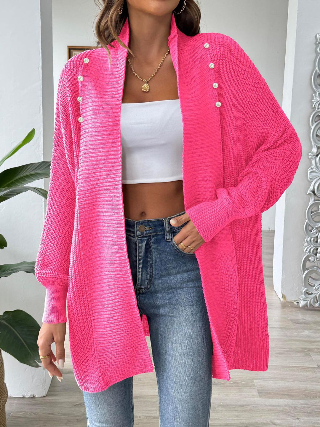 EB | Elegante, lockere Strickjacke mit langen Ärmeln und offener Vorderseite