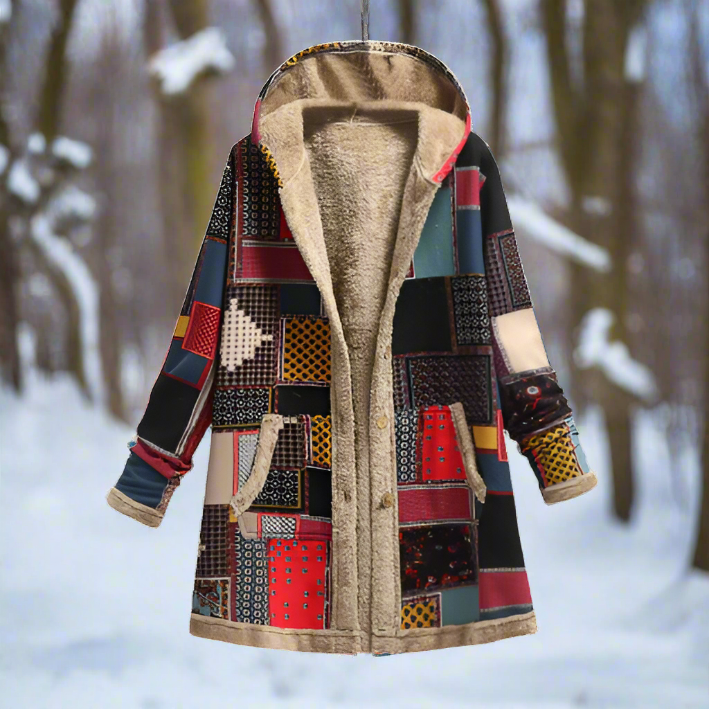 EB | Langer Patchwork-Mantel Gefüttert mit Fleece Kapuze & Knopfverschluss Lässiger Look