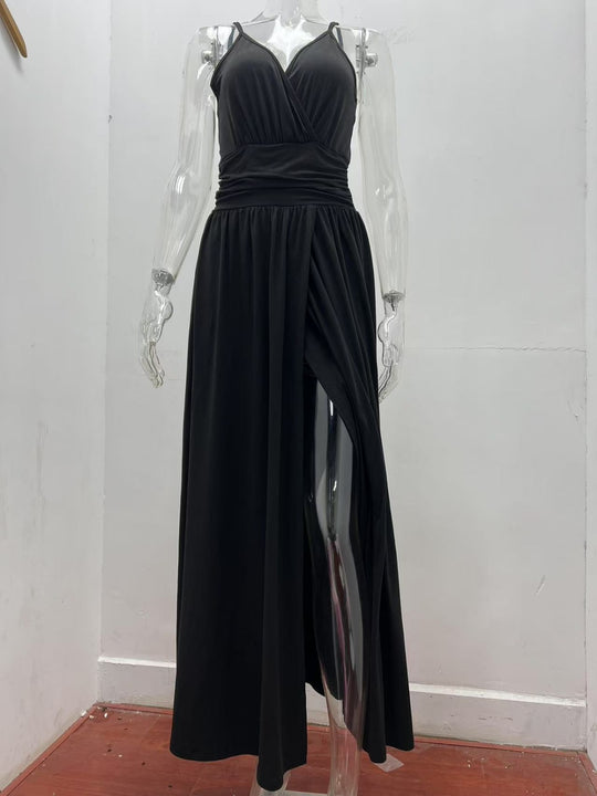 EB | V-Ausschnitt Hosenträger ärmellos sexy rückenfreies farblich passendes Kleid