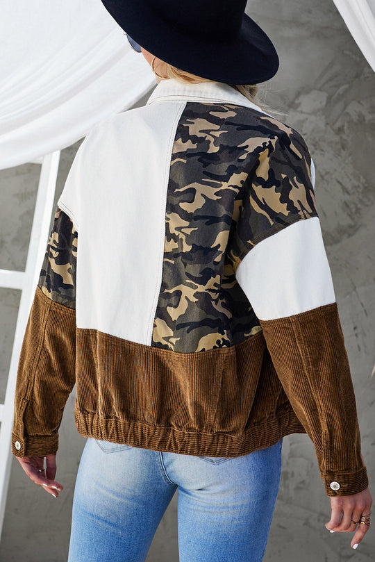 EB | Leopard Farbblock Knopfleiste Cord Baumwolljacke