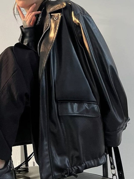 EB | Oversized Schwarzer Veganer Lederjacke mit Reißverschluss