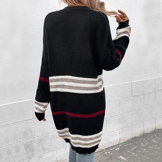 EB | Lange Strickjacke Polyester Schwarz, Gestreift, Komfortabel
