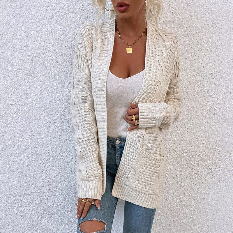 EB | Cardigan - Strick Kabelstrick - Offene Front - Lange Ärmel mit Taschen