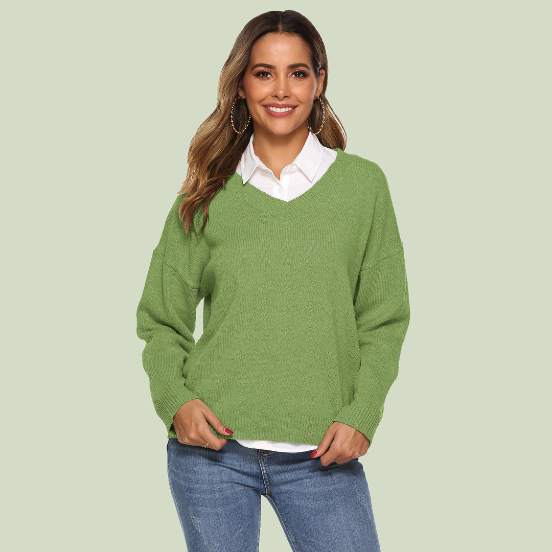 EB | Strickpullover V-Ausschnitt Lockere Passform Lange Ärmel Weich und Bequem