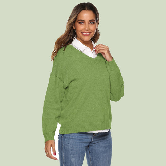 EB | Strickpullover V-Ausschnitt Lockere Passform Lange Ärmel Weich und Bequem