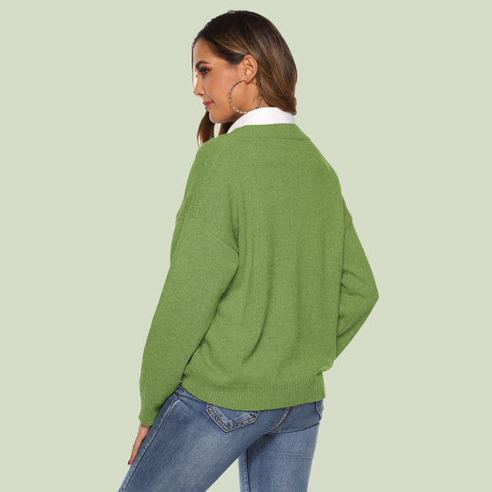 EB | Strickpullover V-Ausschnitt Lockere Passform Lange Ärmel Weich und Bequem
