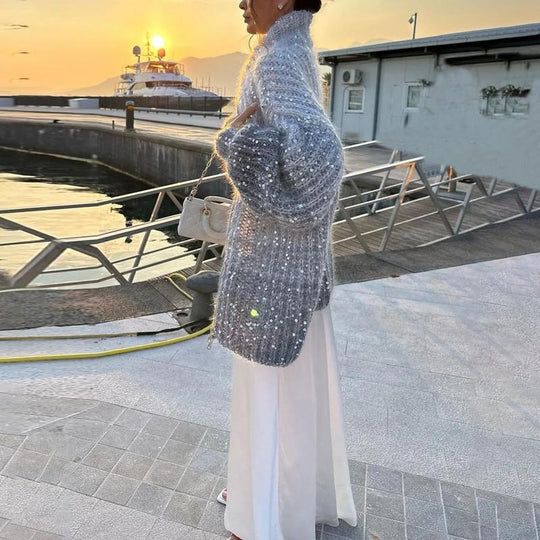 EB | Strickpullover mit Pailletten Ballonärmel Elegant und Handstrick-look