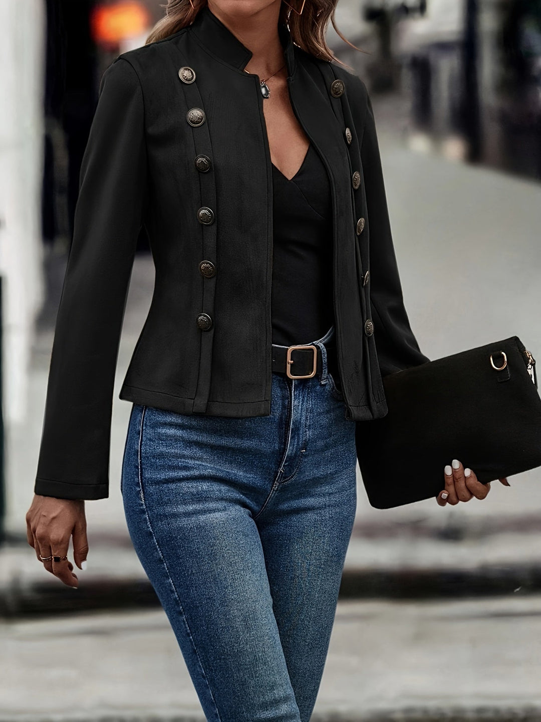 EB | Militärisch Inspirierte Blazer mit Knopfdetails Polyester Stilvoll und Scharf
