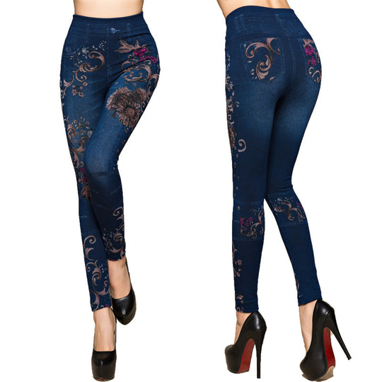 Damen Leggings im floralen Denim-Look mit-hohem Bund und figurformendem Schnitt EB
