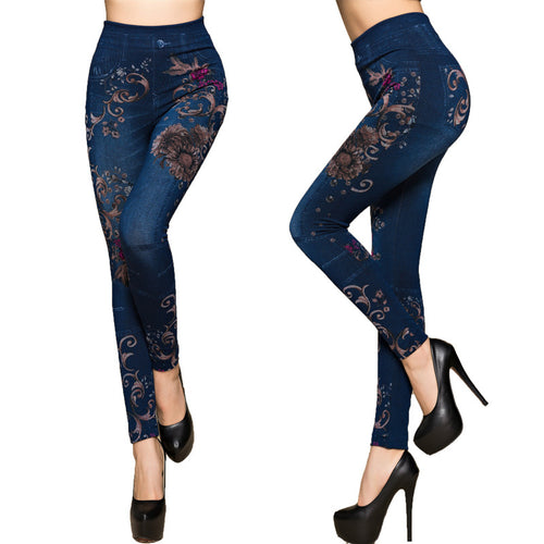 Damen Leggings im floralen Denim-Look mit-hohem Bund und figurformendem Schnitt EB