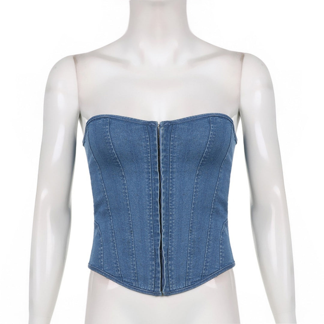 EB | Schlankes Denim-Röhrentop mit Wellenkragen und Fischgrät
