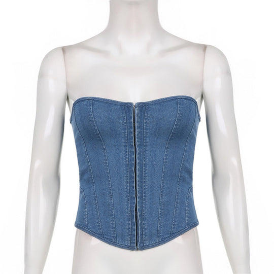 EB | Schlankes Denim-Röhrentop mit Wellenkragen und Fischgrät