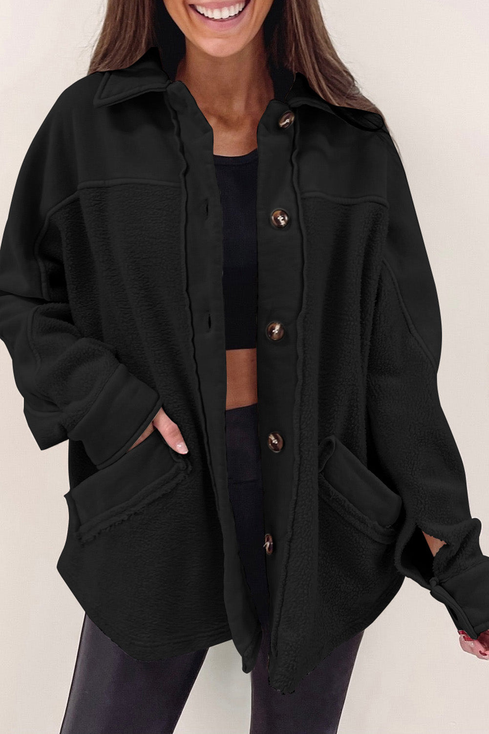 EB | Weiche Fleecejacke mit Großen Knöpfen Polyester Komfort und Warmer Stil