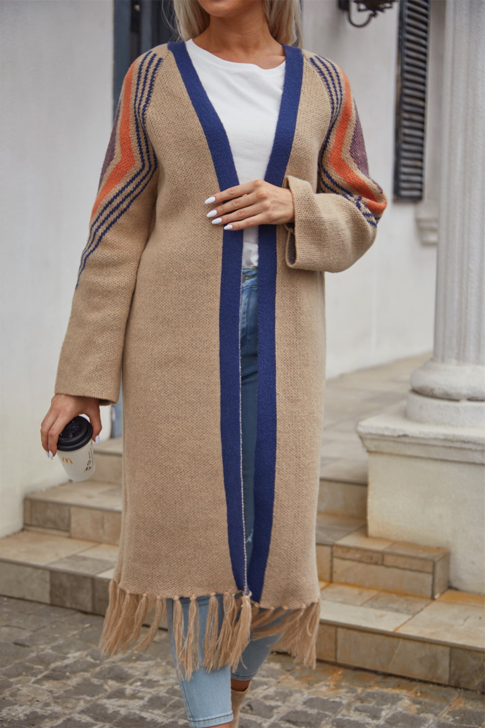 EB | Geometric Fringe Hem Offene Front Duster Cardigan