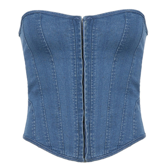 EB | Schlankes Denim-Röhrentop mit Wellenkragen und Fischgrät