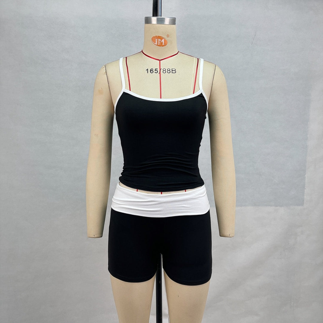 EB | Hosenträger Nabel Kontrast Top Niedrige Taille Shorts Set