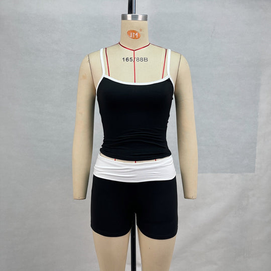 EB | Hosenträger Nabel Kontrast Top Niedrige Taille Shorts Set