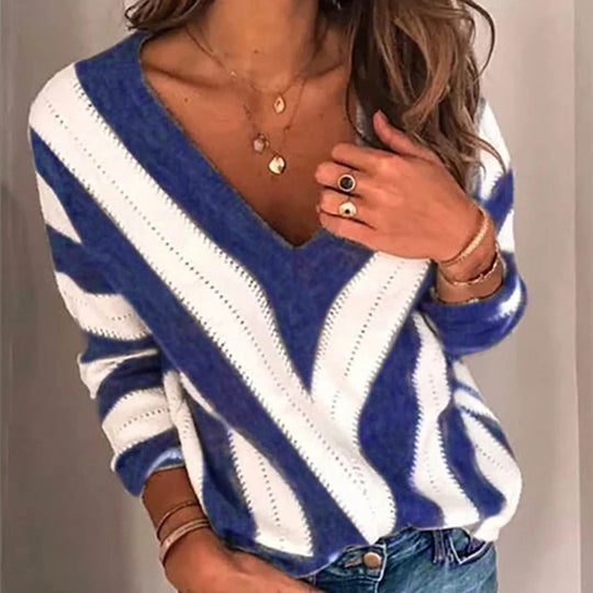 EB | Gemütlicher gestreifter Pullover mit V-Kragen für Damen