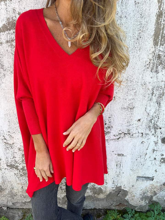 EB | Pullover - Damen Herbst Oversized Gestrickter V-Ausschnitt Pullover