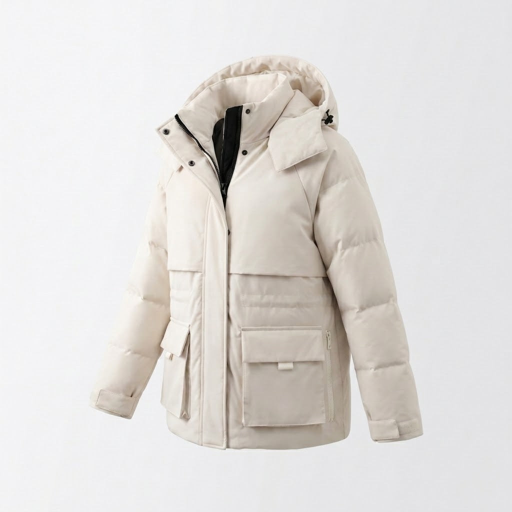Damen nan kurzer wattierter Parka mit großer Kapuze, multifunktionalen Pattentaschen und hohem Stehkragen EB