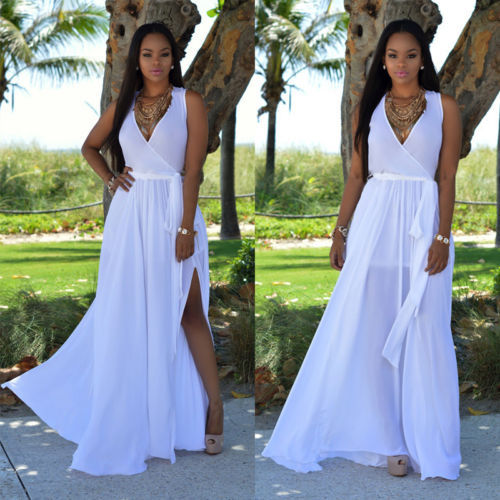 Damen Maxikleid mit tiefem V-Ausschnitt und seitlichem Schlitz EB