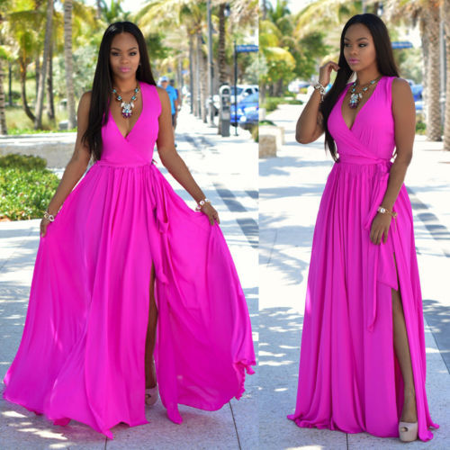 Damen Maxikleid mit tiefem V-Ausschnitt und seitlichem Schlitz EB