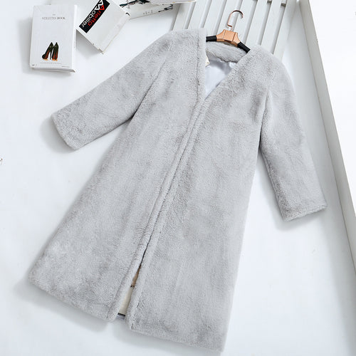 Damen Flauschiger Kunstpelz-Mantel mit elegantem V-Ausschnitt und praktischen Taschen EB