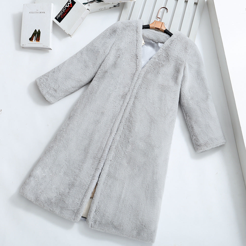Damen Flauschiger Kunstpelz-Mantel mit elegantem V-Ausschnitt und praktischen Taschen EB
