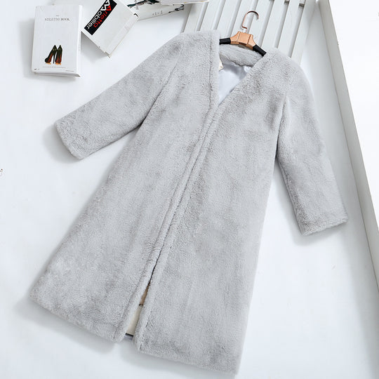 Damen Flauschiger Kunstpelz-Mantel mit elegantem V-Ausschnitt und praktischen Taschen EB