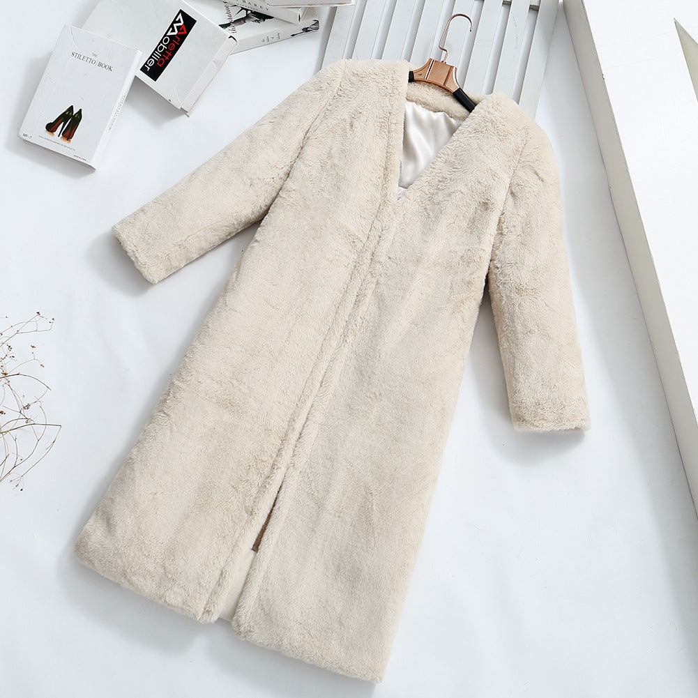 Damen Flauschiger Kunstpelz-Mantel mit elegantem V-Ausschnitt und praktischen Taschen EB
