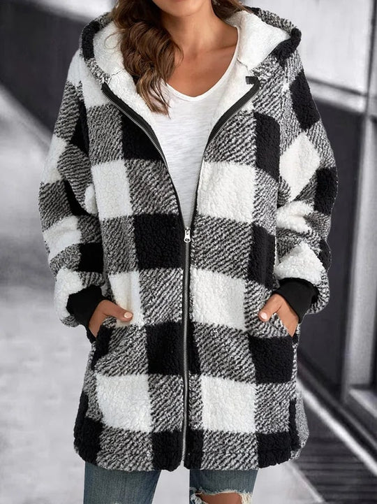 EB | Weiche Damen Karierte Fleece Kapuzenjacke