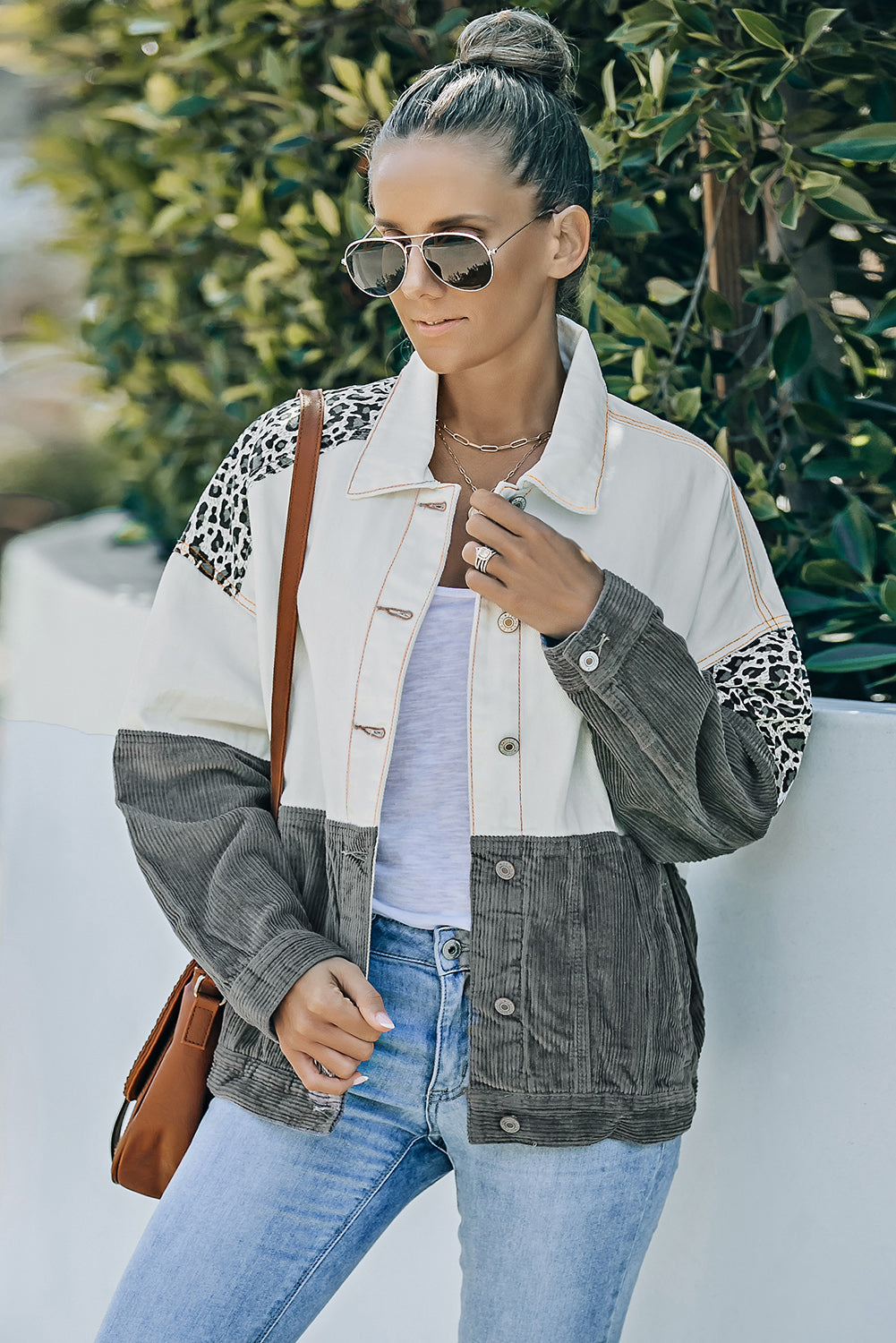 EB | Leopard Farbblock Knopfleiste Cord Baumwolljacke