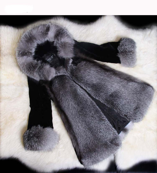 Damen Eleganter Kunstpelz-Mantel mit voluminösem Kragen und seitlichen Taschen EB