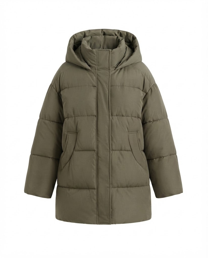 Damen nan oversized wattierter Mantel mit kontrastfarbiger Innenkapuze, Zweiwege-Reißverschluss und praktischen Eingrifftaschen EB