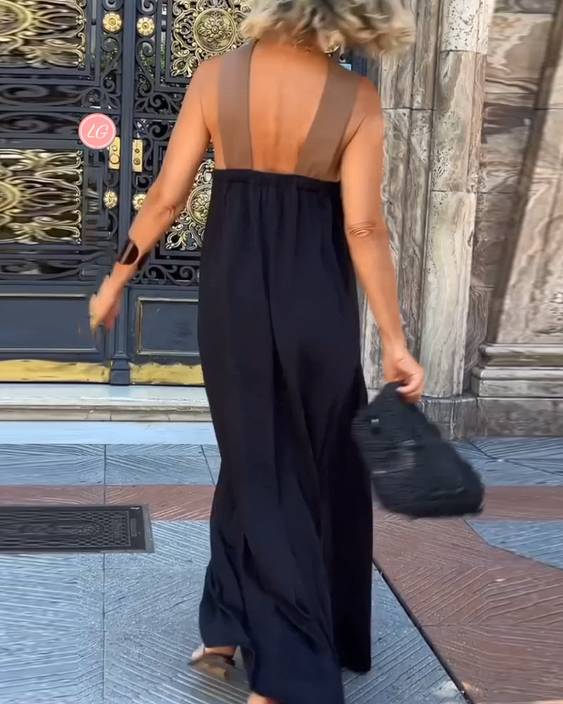 EB | Kreuzförmig Rückenfreies Elegantes Kleid mit Kontrastfarbe