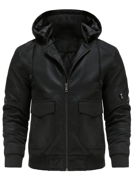 EB –  Winddichte PU Winterjacke für Herren mit Kapuze