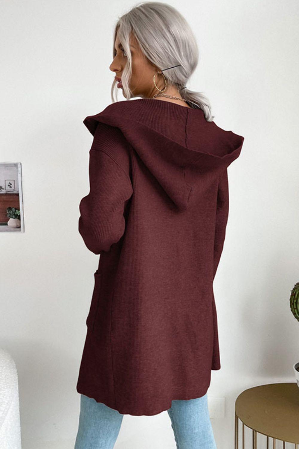 EB | geripptes offen-front Cardigan mit Kapuze und Taschen