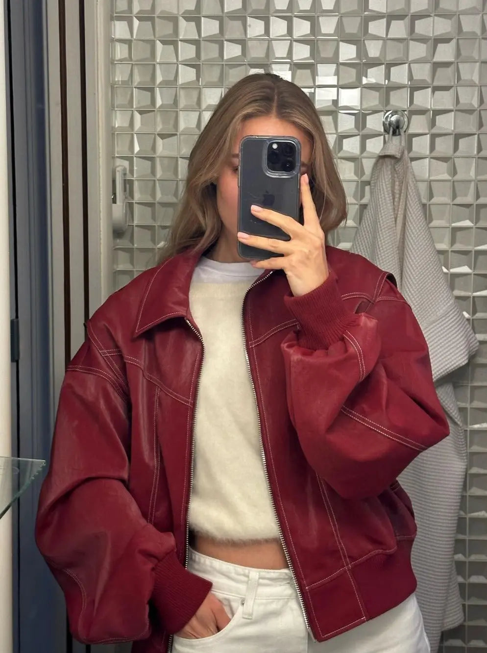 EB | Burgundisch Zip up Jacke in Übergröße mit Kontrastnähten