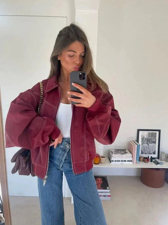 EB | Burgundisch Zip up Jacke in Übergröße mit Kontrastnähten