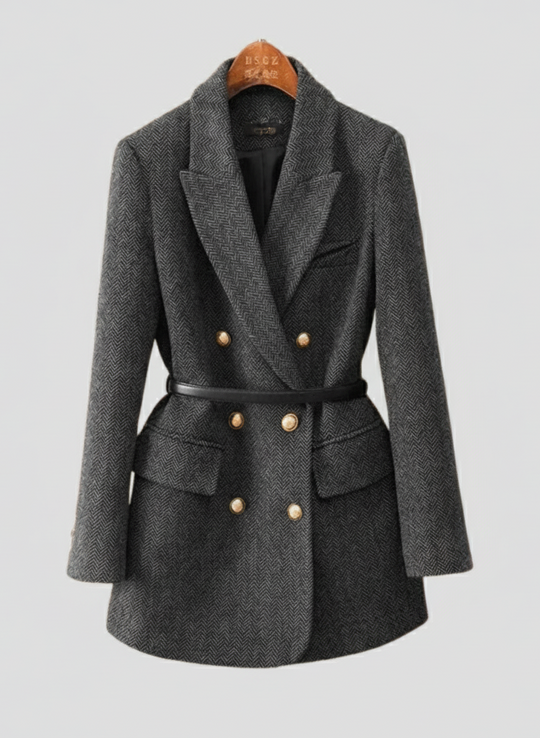EB | Tweed Blazer Mantel – Doppelreihig, mit Gürtel, Schalkragen
