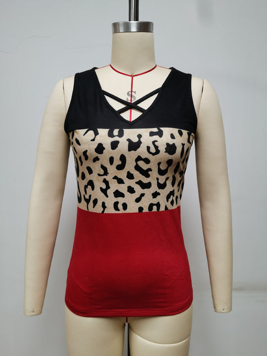 EB | Damen Leopard Patchwork V-Ausschnitt Top